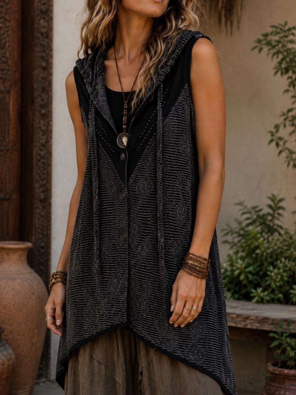 DZhavael Couture Sleeveless Hooded Open-Front Boho Tunic Vest